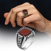 Akik Taşlı Grek Desenli 925 Gümüş Erkek Yüzük - 1