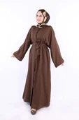 Çıt Çıt Düğmeli Bel Kuşaklı Abaya 70017 Kahverengi thumbnail 2