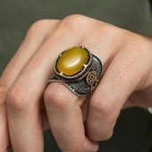 Sarı Akik Taşlı Süleyman Mührü 925 Gümüş Erkek Yüzük thumbnail 3
