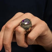 Mor Taşlı Harfli 925 Erkek Gümüş Yüzük thumbnail 6
