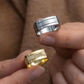 Kare Tasarım Çizgili Çift Gümüş Alyans Yüzük thumbnail 10