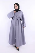 Çıt Çıt Düğmeli Bel Kuşaklı Abaya 70017 Gri thumbnail 1