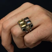 Sarı Kırmızı Aslan Motifli 925 Ayar Erkek Gümüş Yüzük thumbnail 9