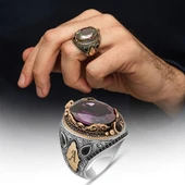 Mor Taşlı Harfli 925 Erkek Gümüş Yüzük thumbnail 1