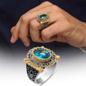 Aqua Mavi Taşlı 925 Ayar Erkek Gümüş Yüzük thumbnail 3