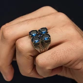 Lacivert 4 Taşlı 925 Erkek Gümüş Yüzük thumbnail 3