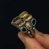 Sarı Kırmızı Aslan Motifli 925 Ayar Erkek Gümüş Yüzük thumbnail 7