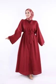 Çıt Çıt Düğmeli Bel Kuşaklı Abaya 70017 Bordo thumbnail 1