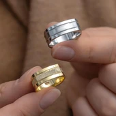 Kare Tasarım Çizgili Çift Gümüş Alyans Yüzük thumbnail 1