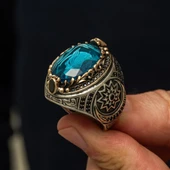 Fetih Koleksiyonu Kurt Başı Mavi Taşlı 925 Gümüş Yüzük thumbnail 1