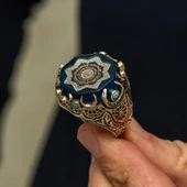 Ayetel Kürsi Hat Yazılı Mavi Taşlı 925 Gümüş Yüzük thumbnail 1