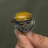 Sarı Akik Taşlı Süleyman Mührü 925 Gümüş Erkek Yüzük thumbnail 6