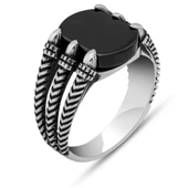 Siyah Oniks Taşlı Pençeli 925 Erkek Gümüş Yüzük thumbnail 2