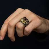 Sarı Kırmızı Aslan Motifli 925 Ayar Erkek Gümüş Yüzük thumbnail 5