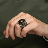 Kaplan Gözü Taşlı Süleyman Mührü 925 Gümüş Erkek Yüzük thumbnail 9