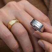 Kare Tasarım Çizgili Çift Gümüş Alyans Yüzük thumbnail 3