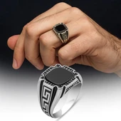 Siyah Oniks Taşlı Grek Desenli 925 Gümüş Erkek Yüzük thumbnail 1