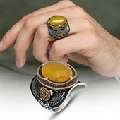 Sarı Akik Taşlı Süleyman Mührü 925 Gümüş Erkek Yüzük thumbnail 1