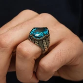 Oval Aqua Mavi Taşlı 925 Gümüş Erkek Yüzük thumbnail 5