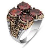 Kırmızı 4 Taşlı 925 Erkek Gümüş Yüzük thumbnail 2
