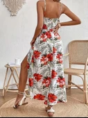 Kadın ip askılı bel dantel detaylı kırmızı çiçek desenli yırtmaçlı maksi elbise - 2