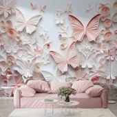 3D Pembe Kabartma Kelebek Duvar Kağıdı Baskı thumbnail 1