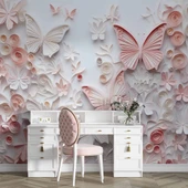 3D Pembe Kabartma Kelebek Duvar Kağıdı Baskı thumbnail 4