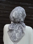 Pamuklu Soft Roza Desen Eşarp-Gümüş - 4