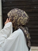 Pamuklu Soft Roza Desen Eşarp-Küf Yeşil - 1