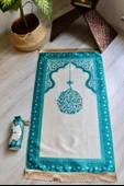 Mihrap Desenli İpek Dokulu Keseli Seccade Turkuaz Renk thumbnail 1