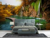 Orman, Şelale, Göl, Sonbahar Manzara Duvar Kağıdı Baskı thumbnail 2