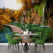 Orman, Şelale, Göl, Sonbahar Manzara Duvar Kağıdı Baskı thumbnail 5