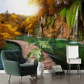 Orman, Şelale, Göl, Sonbahar Manzara Duvar Kağıdı Baskı thumbnail 6
