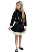 Kız Çocuk Asimetrik Kesim Gömlek Yaka Ceket Eteği Şerit Detaylı Pliseli Süet Siyah Etekli Takım - 1