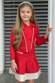 Kız Çocuk Asimetrik Kesim Gömlek Yaka Ceket Eteği Şerit Detaylı Pliseli Süet Kırmızı Etekli Takım thumbnail 2