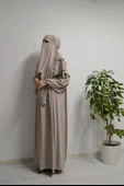 Medine İpeği Elbise- Sufle ve Peçe Takım Üç Parça Set Bej thumbnail 2