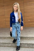 Kız Çocuk Gümüş Düğme Detaylı Lacivert Blazer Ceket Kalp Detaylı Jean Pantolon Alt Üst Takım 2251205017 - 1