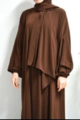 Medine İpeği Kendinden Şallı Ferace Kahverengi thumbnail 4