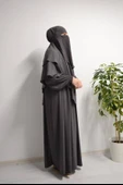 Medine İpeği Elbise- Sufle ve Peçe Takım Üç Parça Set Füme thumbnail 1