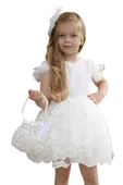 Kız Çocuk Üzeri Boydan Dantel Güpür İşlemeli Şeffaf Tüllü Sıfır Kol Beyaz Elbise thumbnail 2