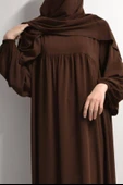 Medine İpeği Elbise- Sufle ve Peçe Takım Üç Parça Set Kahverengi thumbnail 2