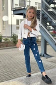 Kız Çocuk Gümüş Düğme Detaylı Beyaz Blazer Ceket Kalp Detaylı Jean Pantolon Alt Üst Takım 2251205015 - 2