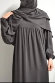 Medine İpeği Elbise- Sufle ve Peçe Takım Üç Parça Set Füme thumbnail 2