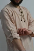 Hac ve Umre İçin Erkek Takım -Lastikli Pantolon&Dik Yaka Gömlek Bej thumbnail 2