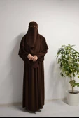 Medine İpeği Elbise- Sufle ve Peçe Takım Üç Parça Set Kahverengi thumbnail 1
