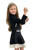 Kız Çocuk Asimetrik Kesim Gömlek Yaka Ceket Eteği Şerit Detaylı Pliseli Süet Siyah Etekli Takım - 2