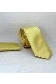Açık Gold Slim Fit (ince) Düz Renk Mendilli Saten Kravat - SS-36 - 1