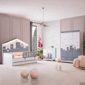 Montessori Çocuk Odası - City Montessori 3 Kapılı Dolap, Yavrulu Yatak, Şifonyer - Gri - 1