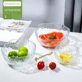 Cam Meyve Salata Çorba Kasesi Seti - Şeffaf Büyük Orta + 3 Meyve Çatalı - 1