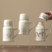 Seramik Termos - Mor Salkım Desenli + Çay Fincanı + Hediye Kutusu - 5